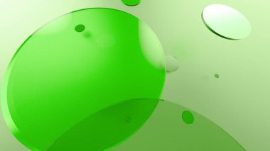 Renkli arka planda yeşil metal ve opak daireler ve silindirler. Şeffaf camlı grafik tasarımı için soyut arkaplan. 3d resimleme