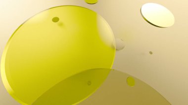 Sarı metal ve opak daireler ve renkli arkaplanda silindirler. Şeffaf camlı grafik tasarımı için soyut arkaplan. 3d resimleme