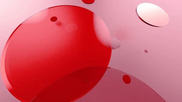 Renkli arka planda kırmızı metal ve mat daireler ve silindirler. Şeffaf camlı grafik tasarımı için soyut arkaplan. 3d resimleme