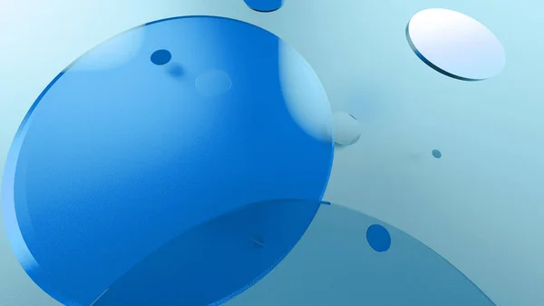 Mavi metal ve mat daireler ve renkli arkaplanda silindirler. Şeffaf cam şekilli grafik tasarımı için soyut arkaplan. 3d resimleme
