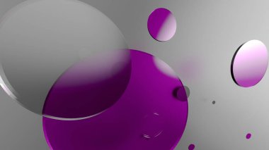 Mor metal ve mat daireler ve renkli arkaplanda silindirler. Şeffaf camlı grafik tasarımı için soyut arkaplan. 3d resimleme