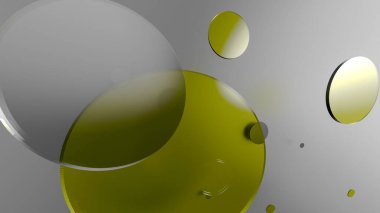Sarı metal ve opak daireler ve renkli arkaplanda silindirler. Şeffaf camlı grafik tasarımı için soyut arkaplan. 3d resimleme