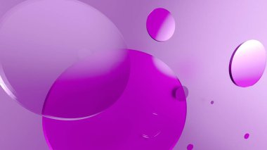 Mor metal ve mat daireler ve renkli arkaplanda silindirler. Şeffaf camlı grafik tasarımı için soyut arkaplan. 3d resimleme