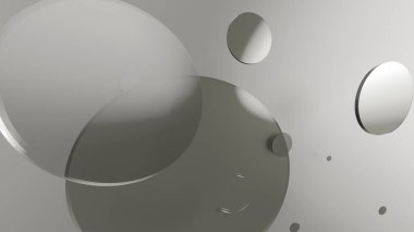 Renkli arka planda gri metal ve opak daireler ve silindirler. Şeffaf camlı grafik tasarımı için soyut arkaplan. 3d resimleme