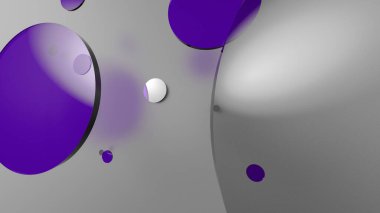 Mor metal ve mat daireler ve renkli arkaplanda silindirler. Şeffaf camlı grafik tasarımı için soyut arkaplan. 3d resimleme