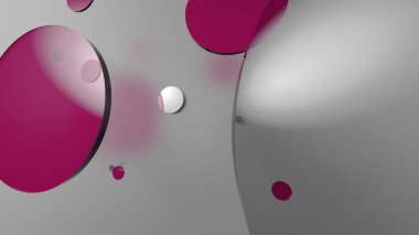 Renkli arka planda pembe metal, opak daireler ve silindirler. Şeffaf camlı grafik tasarımı için soyut arkaplan. 3d resimleme