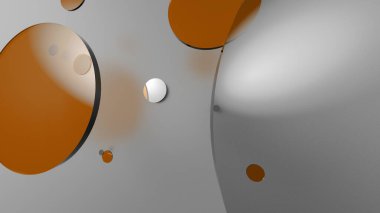 Renkli arka planda turuncu metal ve opak daireler ve silindirler. Şeffaf camlı grafik tasarımı için soyut arkaplan. 3d resimleme