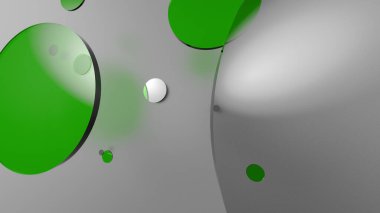 Renkli arka planda yeşil metal ve opak daireler ve silindirler. Şeffaf camlı grafik tasarımı için soyut arkaplan. 3d resimleme