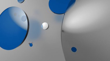 Mavi metal ve mat daireler ve renkli arkaplanda silindirler. Şeffaf cam şekilli grafik tasarımı için soyut arkaplan. 3d resimleme