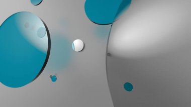 Renkli arka planda gök mavisi ve mat daireler ve silindirler. Şeffaf camlı grafik tasarımı için soyut arkaplan. 3d resimleme
