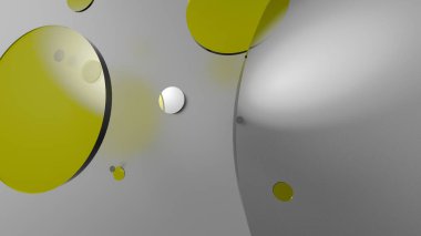 Sarı metal ve opak daireler ve renkli arkaplanda silindirler. Şeffaf camlı grafik tasarımı için soyut arkaplan. 3d resimleme