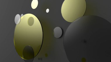 Sarı metal ve opak daireler ve renkli arkaplanda silindirler. Şeffaf camlı grafik tasarımı için soyut arkaplan. 3d resimleme