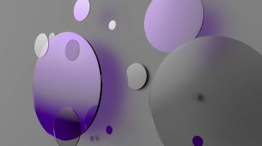 Mor metal ve mat daireler ve renkli arkaplanda silindirler. Şeffaf camlı grafik tasarımı için soyut arkaplan. 3d resimleme