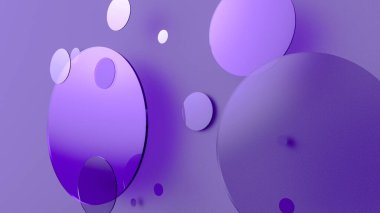 Mor metal ve mat daireler ve renkli arkaplanda silindirler. Şeffaf camlı grafik tasarımı için soyut arkaplan. 3d resimleme