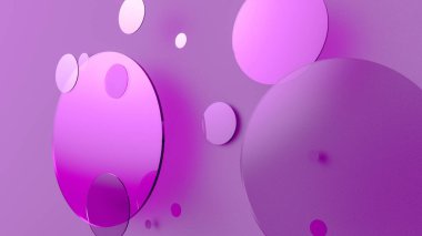 Mor metal ve mat daireler ve renkli arkaplanda silindirler. Şeffaf camlı grafik tasarımı için soyut arkaplan. 3d resimleme