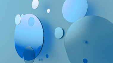 Mavi metal ve mat daireler ve renkli arkaplanda silindirler. Şeffaf cam şekilli grafik tasarımı için soyut arkaplan. 3d resimleme