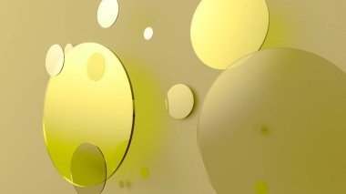 Sarı metal ve opak daireler ve renkli arkaplanda silindirler. Şeffaf camlı grafik tasarımı için soyut arkaplan. 3d resimleme
