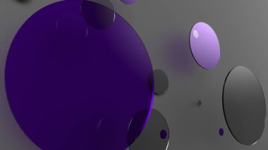 Mor metal ve mat daireler ve renkli arkaplanda silindirler. Şeffaf camlı grafik tasarımı için soyut arkaplan. 3d resimleme