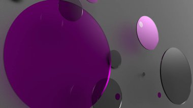 Mor metal ve mat daireler ve renkli arkaplanda silindirler. Şeffaf camlı grafik tasarımı için soyut arkaplan. 3d resimleme