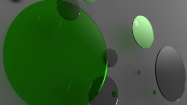 Renkli arka planda yeşil metal ve opak daireler ve silindirler. Şeffaf camlı grafik tasarımı için soyut arkaplan. 3d resimleme