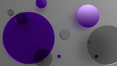 Mor metal ve mat daireler ve renkli arkaplanda silindirler. Şeffaf camlı grafik tasarımı için soyut arkaplan. 3d resimleme