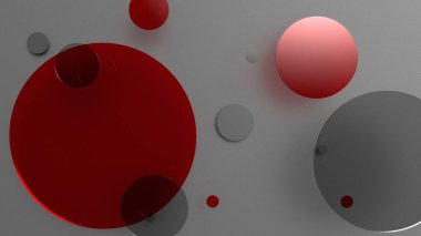 Renkli arka planda kırmızı metal ve mat daireler ve silindirler. Şeffaf camlı grafik tasarımı için soyut arkaplan. 3d resimleme