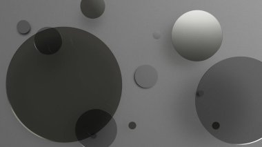 Renkli arka planda gri metal ve opak daireler ve silindirler. Şeffaf camlı grafik tasarımı için soyut arkaplan. 3d resimleme