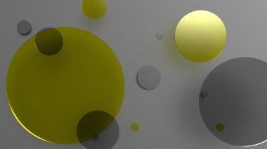 Sarı metal ve opak daireler ve renkli arkaplanda silindirler. Şeffaf camlı grafik tasarımı için soyut arkaplan. 3d resimleme