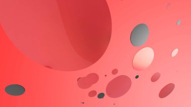 Renkli arka planda kırmızı metal ve mat daireler ve silindirler. Şeffaf camlı grafik tasarımı için soyut arkaplan. 3d resimleme