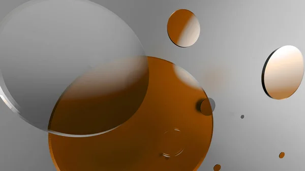 Renkli arka planda turuncu metal ve opak daireler ve silindirler. Şeffaf camlı grafik tasarımı için soyut arkaplan. 3d resimleme