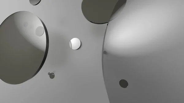 Renkli arka planda gri metal ve opak daireler ve silindirler. Şeffaf camlı grafik tasarımı için soyut arkaplan. 3d resimleme