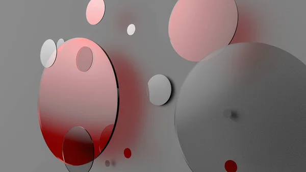Renkli arka planda kırmızı metal ve mat daireler ve silindirler. Şeffaf camlı grafik tasarımı için soyut arkaplan. 3d resimleme