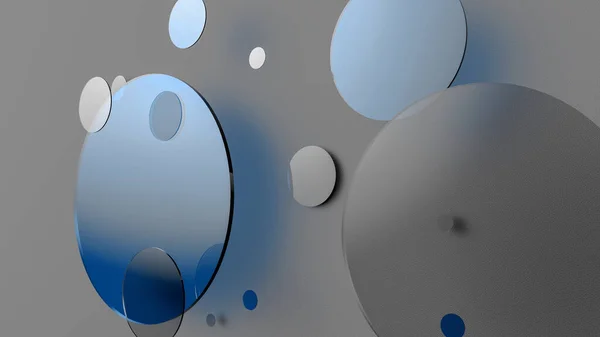 Blaues Metall Und Undurchsichtige Kreise Und Zylinder Auf Farbigem Hintergrund — Stockfoto