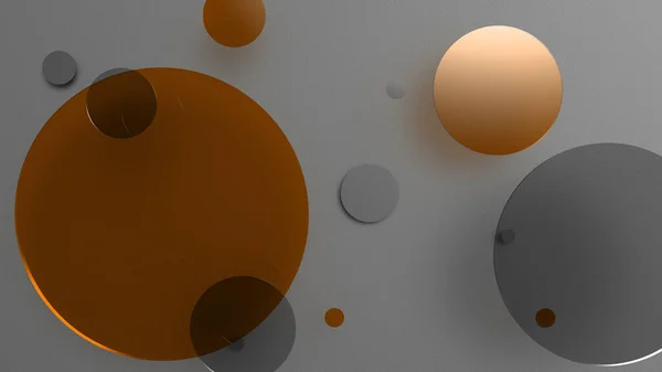 Renkli arka planda turuncu metal ve opak daireler ve silindirler. Şeffaf camlı grafik tasarımı için soyut arkaplan. 3d resimleme