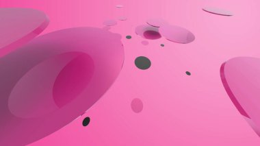 Renkli arka planda pembe metal, opak daireler ve silindirler. Şeffaf camlı grafik tasarımı için soyut arkaplan. 3d resimleme