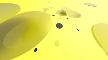 Sarı metal ve opak daireler ve renkli arkaplanda silindirler. Şeffaf camlı grafik tasarımı için soyut arkaplan. 3d resimleme