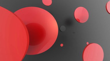 Renkli arka planda kırmızı metal ve mat daireler ve silindirler. Şeffaf camlı grafik tasarımı için soyut arkaplan. 3d resimleme