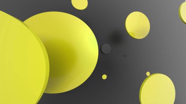 Sarı metal ve opak daireler ve renkli arkaplanda silindirler. Şeffaf camlı grafik tasarımı için soyut arkaplan. 3d resimleme