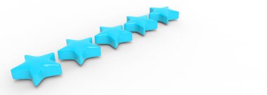 Renkli arka planda 3D beş gök mavisi yıldız. Altın yıldızın prim karşılığı sunumu ve illüstrasyonu