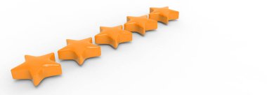 Renkli arka planda 3D beş turuncu yıldız. Altın yıldızın prim karşılığı sunumu ve illüstrasyonu