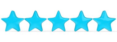 Renkli arka planda 3D beş gök mavisi yıldız. Altın yıldızın prim karşılığı sunumu ve illüstrasyonu