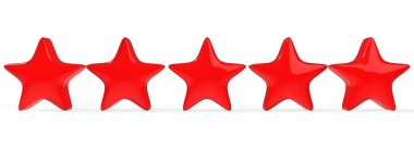 Renkli arka planda 3D beş kırmızı yıldız. Altın yıldızın prim karşılığı sunumu ve illüstrasyonu