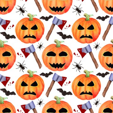 Kusursuz cadılar bayramı el yazısı suluboya deseni çizmiş. Yüzü, yarasaları, örümcekleri ve beyaz arka planda kanlı baltaları olan korku ve mutlu balkabakları