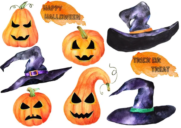 Ensemble Citrouille Jack Halloween Fantaisie Chapeaux Sorcière Objet Isolé Sur — Photo