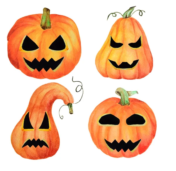 Set Halloween Pumpkin Jack Isolated Object White Background Watercolor Hand — стокове фото