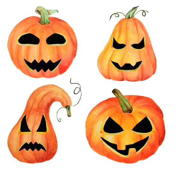 Set Halloween Pumpkin Jack Isolated Object White Background Watercolor Hand — стокове фото