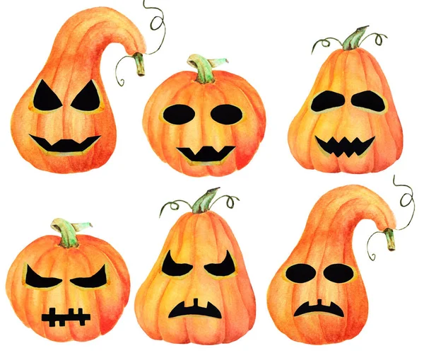 Set Halloween Pumpkin Jack Isolated Object White Background Watercolor Hand — стокове фото