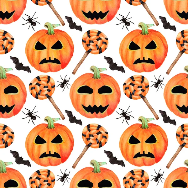 Patrón Acuarela Dibujado Mano Halloween Sin Costura Calabazas Felices Terror — Foto de Stock