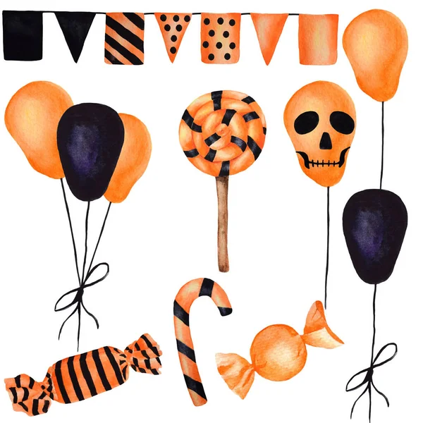 Set Halloween Sweets Balloons Isolated Object White Background Watercolor Hand — Stock Photo, Image