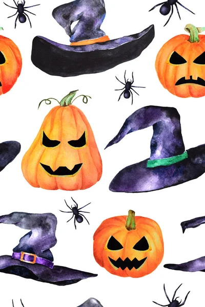 Seamless Hand Drawn Watercolor Pattern Horror Pumpkins Witch Hats Spiders — Stock Photo, Image